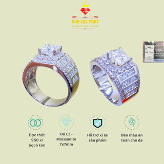  Nhẫn Moissanite vuông  7x7m màu trắng Nhẫn bạc nam xi bạch kim Nhẫn nam bạc xi vàng trắng kim cương nhân tạo vuông 