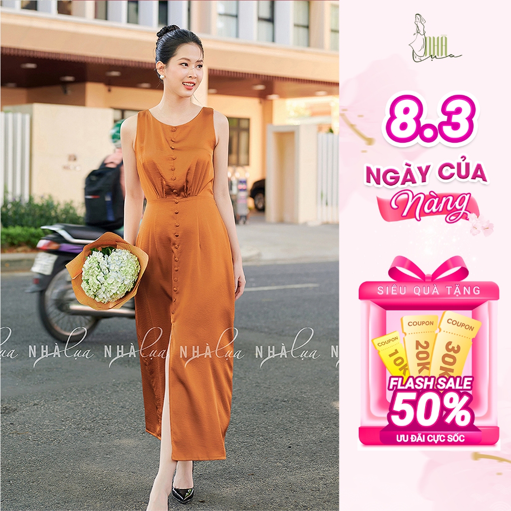 Váy nữ dáng dài Huệ Chi lụa Hongkong cao cấp NHÀ LỤA, thiết kế sang chảnh nút bộc xẻ tà duyên dáng thu đông