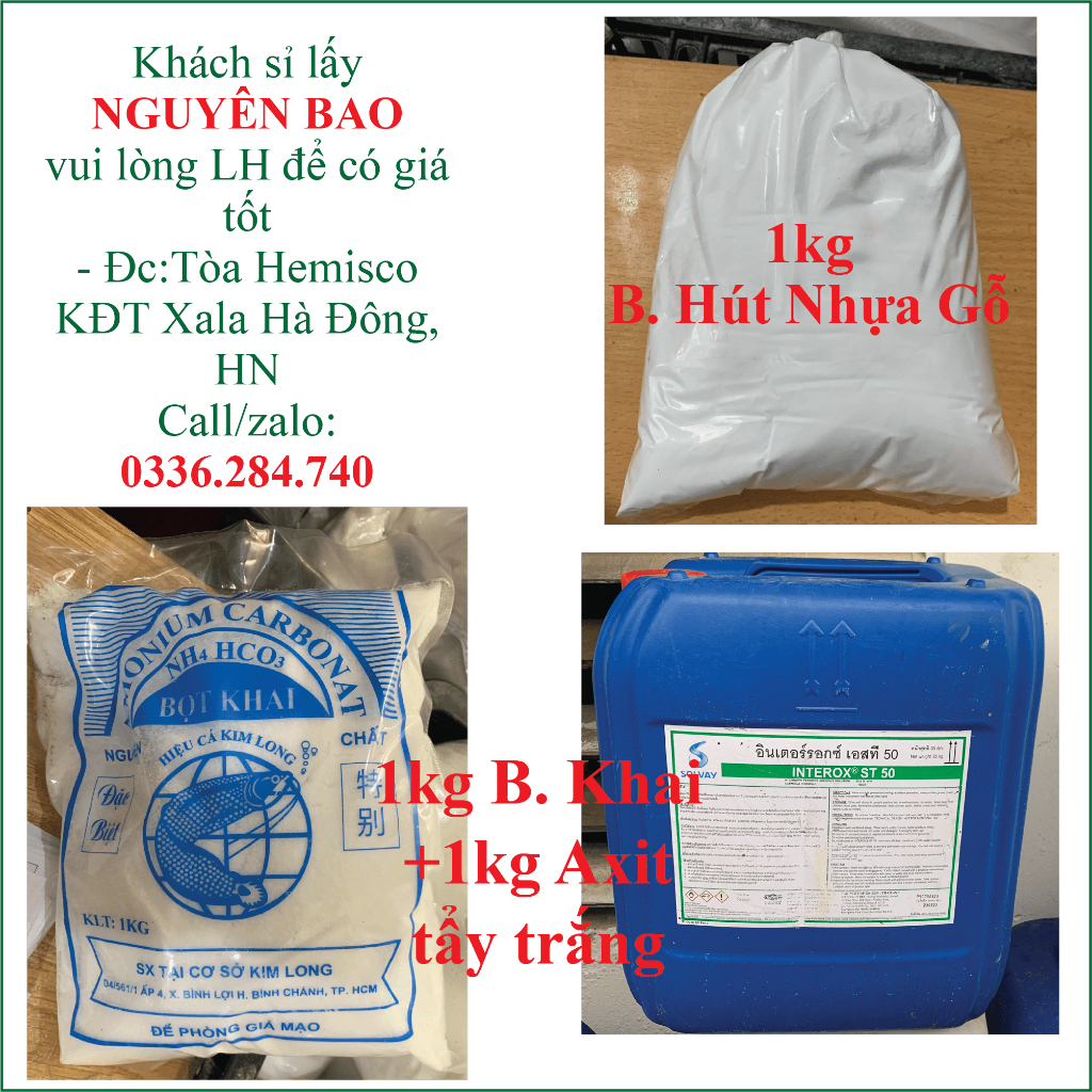 Combo mỗi loại 1kg bột hút nhựa gỗ, tẩy gỗ, oxy già, bột khai