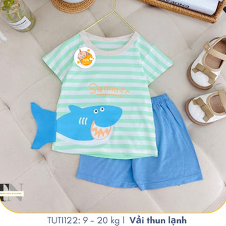 Set áo thun cộc tay chất liệu thun lạnh thoáng mát. Bộ quần áo cộc tay đuôi cá mập, TUTI122