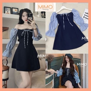 [MIMO] Váy Trễ Vai Thiết Kế phối Tay kẻ siêu đẹp, có cúp ngực siêu tiện