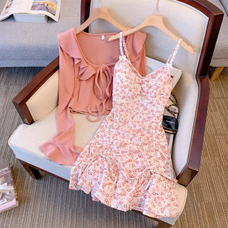 Set váy 2 dây hoa nhí kèm áo đầm kiểu bánh bèo dễ thương