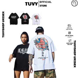 Áo Thun Nam tay lỡ TUVY japan mặt quỷ nam nữ From rộng Unisex in 5d đen,trắng