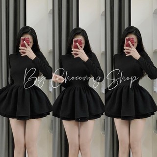 Đầm ngắn nữ đi chơi tay dài chất vải tapda phối tăm lạnh có khóa kéo