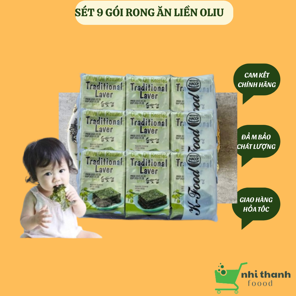 Rong biển ăn liền hàn quốc sét 9 gói ,lá kim ăn liền vị dầu oliu gói 4g