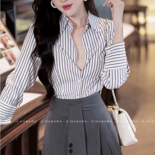 Áo sơmi kẻ sọc tay dài kiểu ôm tôn dáng cực xinh ạ