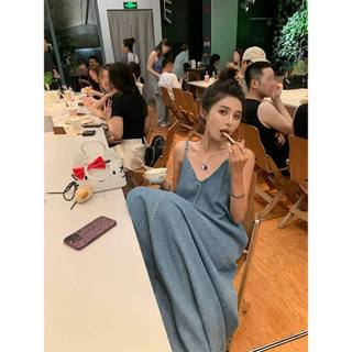 Váy đi biển đầm maxi dài denim 2 dây cổ chữ v dáng rộng váy jean form rộng dáng dài chữ a kiểu hàn quốc y074