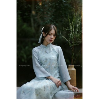 Áo Dài Thanh Tường Thuỵ - Lengdeng.Collect | Áo dài dáng suông cách tân tà kép pastel phối hoa Lèng Dèng