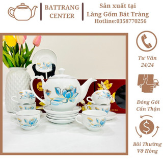 (7 MẪU)Bộ Ấm Chén Pha Trà Bát Tràng-vẽ Hoa Sen,men Trắng,viền Vàng-dáng ấm Minh Long