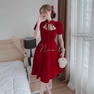 Đầm xòe nhung đỏ khoét ngực tay phồng sang trọng VIENS STORE