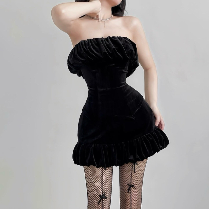 Set Nhung Áo Cúp Ngực Và Chân Váy Đuôi Cá Tùng Bí Ôm Body Sexy Tôn Dáng