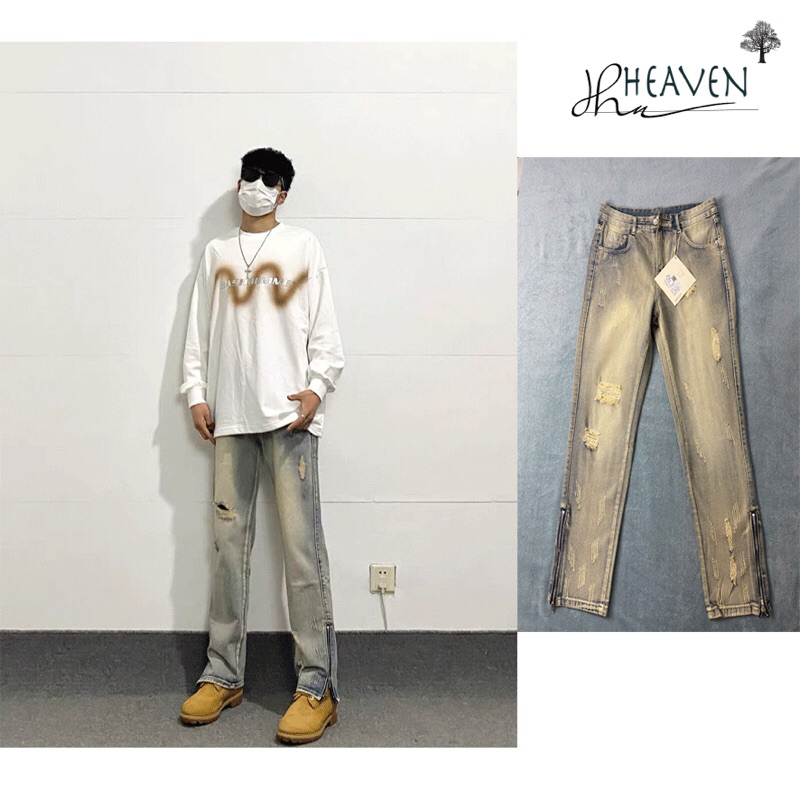 Quần Jean rách High Street Nam ống Đứng kiểu dáng Retro