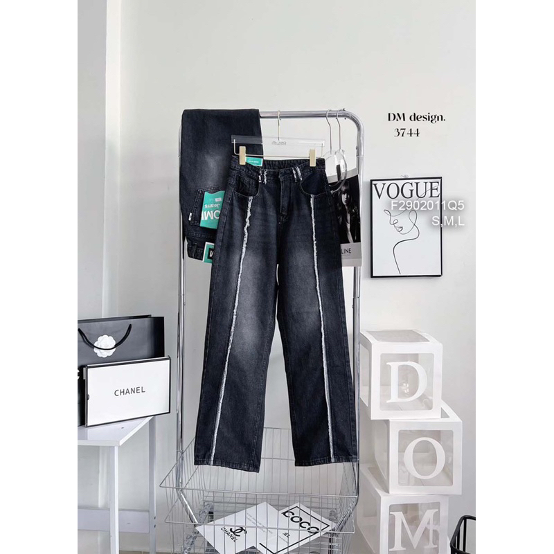 Quần jean ống suông viền gân tua rua, quần jean nữ lưng cao VIENS STORE