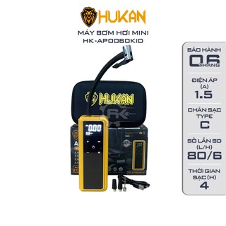 Máy bơm hơi pin Hukan AP0060KID bơm lốp xe đạp, xe máy, ô tô, bóng đá...KIÊM SẠC DỰ PHÒNG