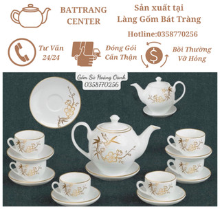 (8 MẪU)Bộ Ấm Chén Pha Trà Bát Tràng-vẽ Hoa Đào,Hoa Mai,men Trắng,viền Vàng-dáng ấm Minh Long