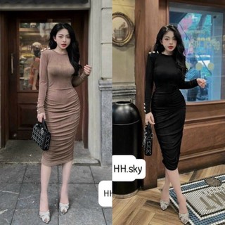 Đầm váy thun body nhũ tay dài đính nút vai, tay chanh sả, sang trọng S038