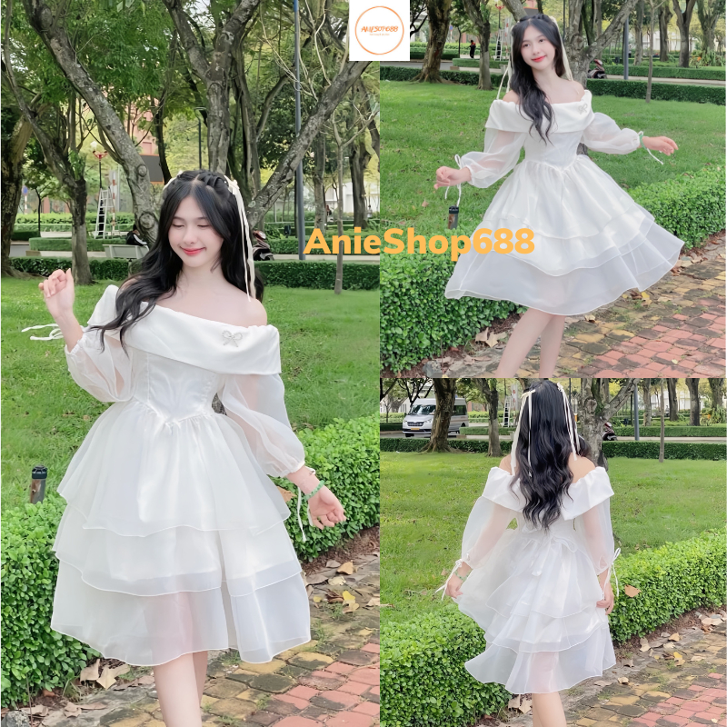 Đầm công chúa trễ vai 3 tầng chất voan tơ 2 lớp dễ thương ,váy công chúa trễ vai phong cách ulzzang hàn quốc
