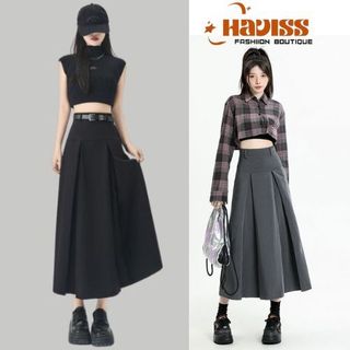 Chân váy ulzzang Haviss dáng chữ a bản cạp cao dài xếp ly xòe midi kèm đai siêu xinh