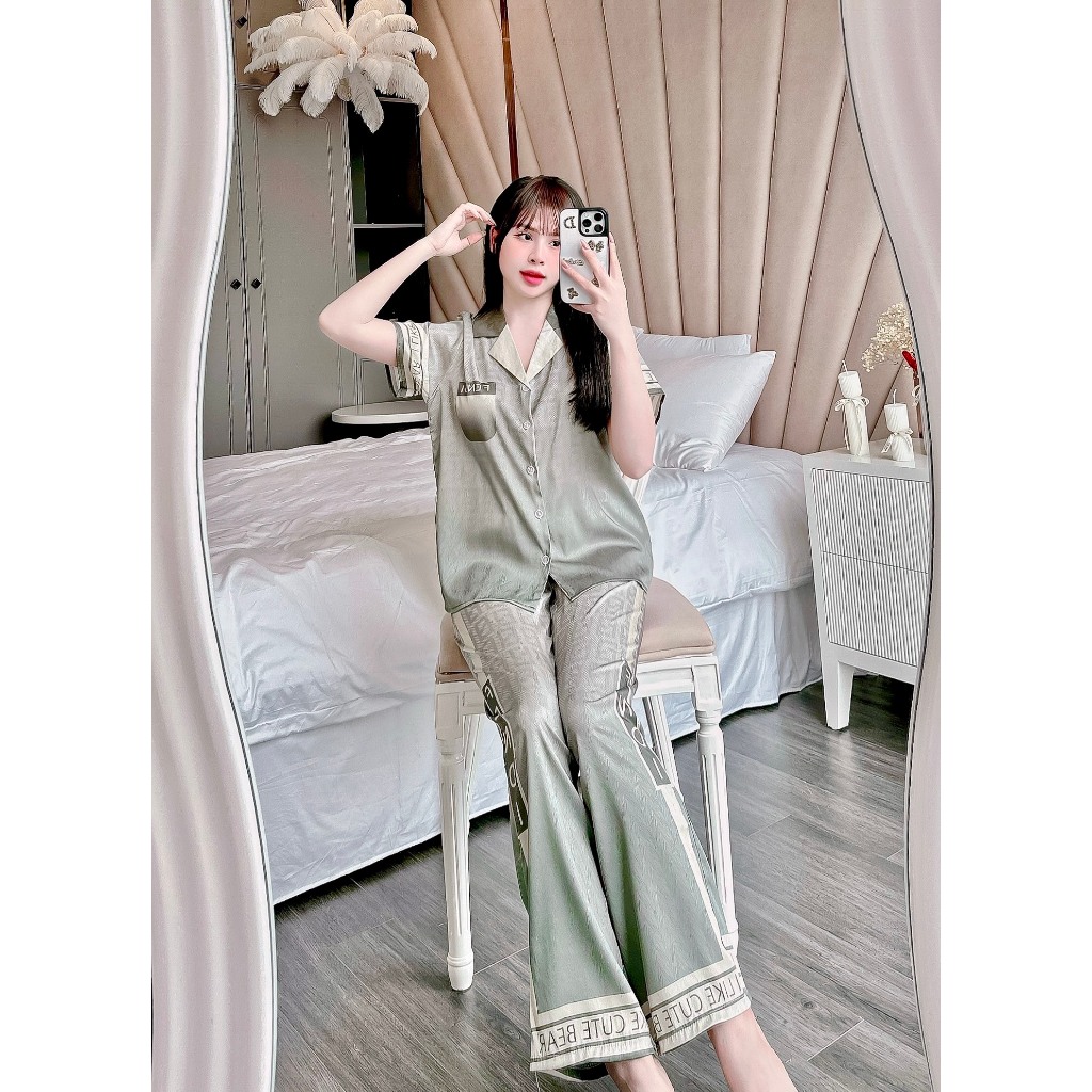 Đồ bộ nữ Mặc Nhà pijama Tay Ngắn Quần Dài, Lụa Xước ánh Kim Mềm - Chun’s Sleepwear