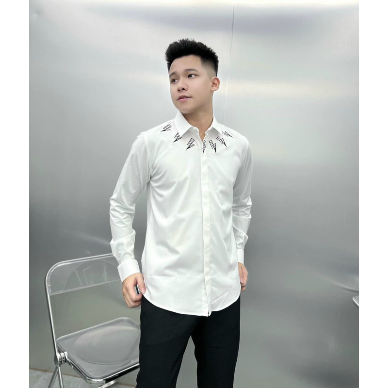 Áo Sơ Mi Dài Tay Nam NB 327 Tia Sét Thêu Cổ Nổi Bật Thiết Kế May Dấu Khuy Bản Đẹp Siêu Nét Hàng Cao 