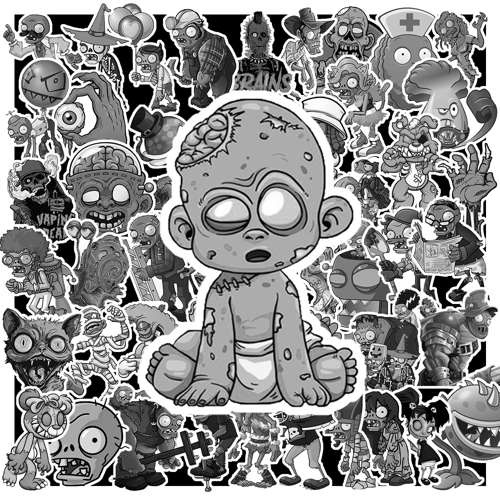 Set 50 Sticker Hình ZOOMBIE TRẮNG ĐEN | Decal Chống Nước | MS: 000264