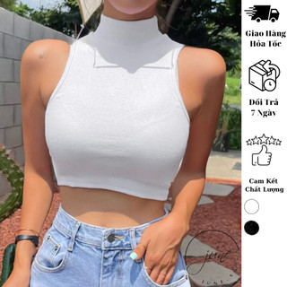 Áo ba lỗ trơn croptop JUNE.SG , áo croptop cổ cao thun tăm cho nữ,áo croptop cổ lọ ôm body D071