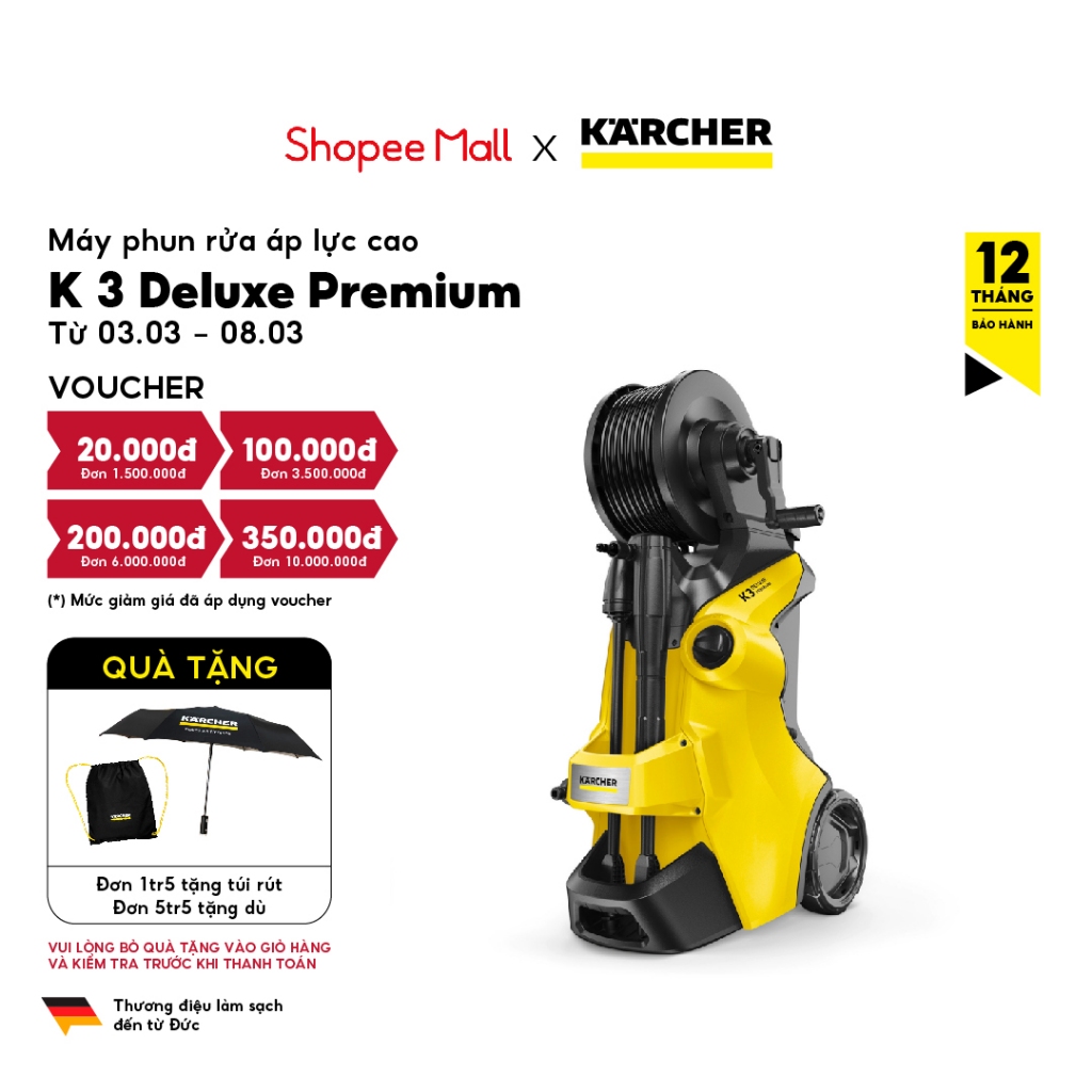 Máy xịt rửa xe Karcher K3 deluxe premium động cơ từ công suất 1600w áp lực 20-120 bar, lưu lượng nước 380l/h màu vàng