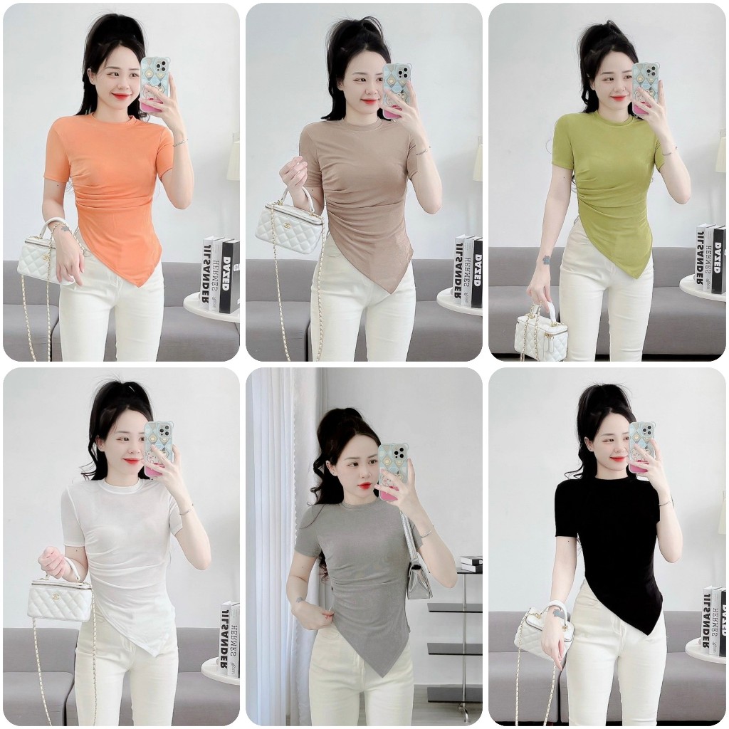 ( 07) Áo thun tay ngắn nhún eo vạt chéo nhọn chất nhung lụa hình thật xưởng shop chụp