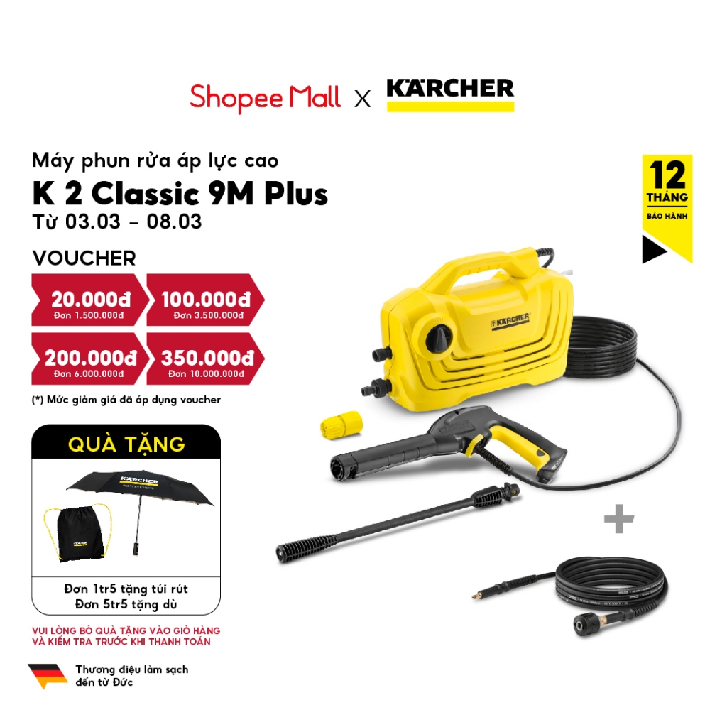 Máy rửa xe Karcher cầm tay K2 Classic 9M Plus - Bản cải tiến 2023 - Áp lực 110 bar giúp làm sạch xe máy, sân vườn