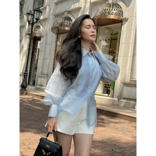 Coem | áo sơmi tơ ngọc trai màu xanh baby - băng top