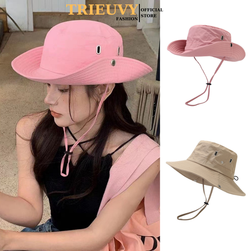 Nón bucket rộng vành trơn cao bồi Hàn Quốc, mũ chống nắng có nút gài thoáng mát thể thao năng động - TRIEUVY