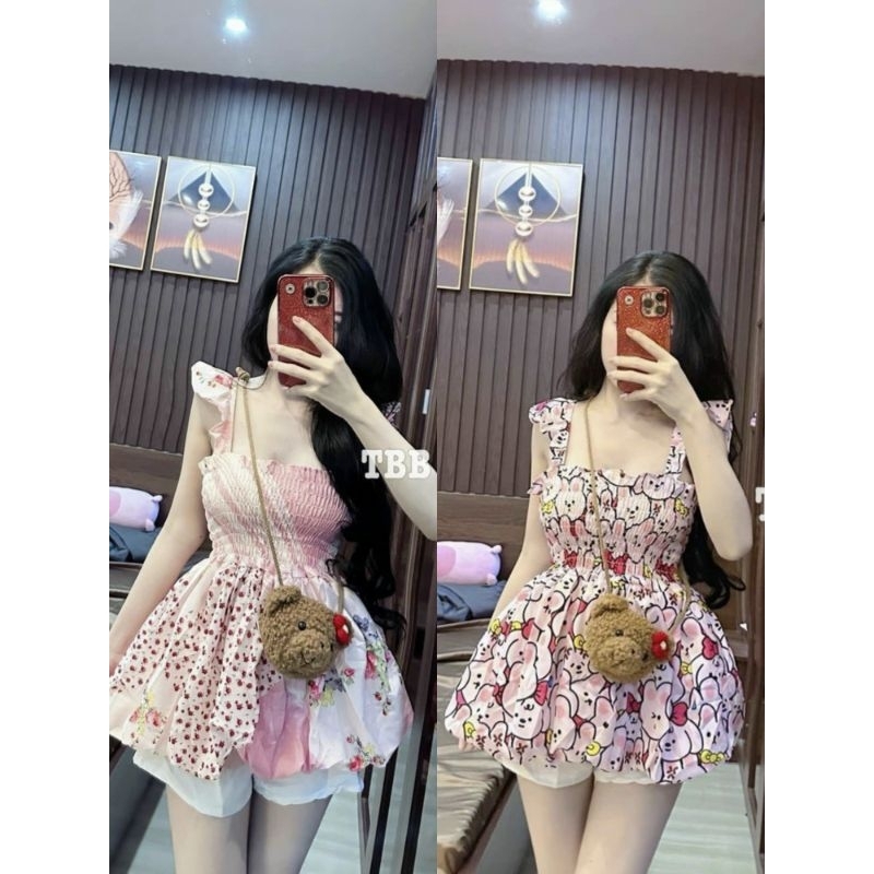 Set Hoạt Hình Áo Babydoll BBD Mocking Tay Bèo Cánh Tiên Cổ Vuông Và Quần Đùi Ngắn Sexy - Tiểu Thư Bánh Bèo Cute