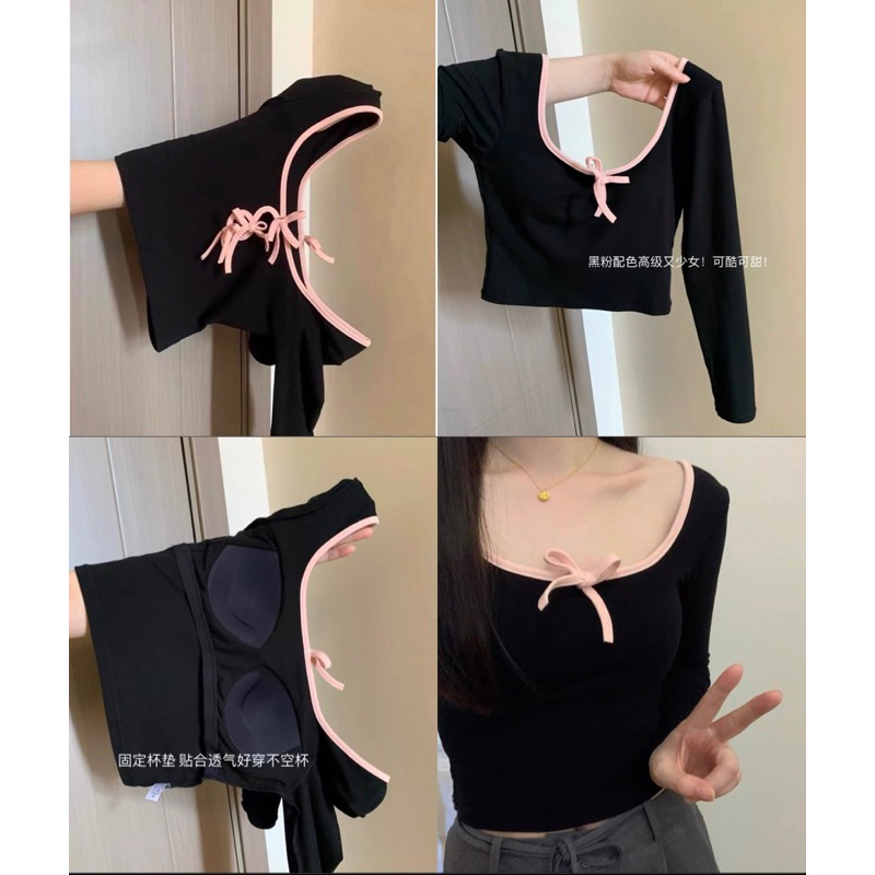 Áo brandy coquette áo croptop tay dài nơ ren tôn dáng order 2 tuần ko huỷ ngang