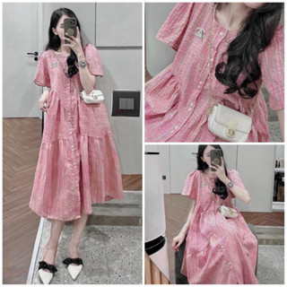 Váy đầm bầu Babydoll Kẻ Hồng Cầu Vồng +Chất Đũi Xốp, váy bầu suông dáng dài