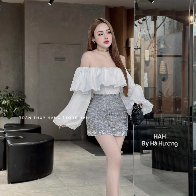 Set đồ nữ sang chảnh tiểu thư áo kiểu trễ vai tay bồng dáng crop top phối