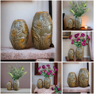Bình hoa gốm Bát Tràng, dáng xoài hoạ tiết hoa sen nổi, Cao 21cm và 27cm, màu Vintage