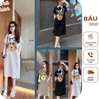 Đầm váy bầu xuân hè v757 đầm bầu thiết kế dáng suông dài chất liệu mềm mại in hình dễ thương đầm bầu đẹp free size