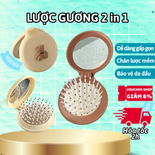 Gương gấp gọn kèm lược hình gấu, lược massage chân mềm bảo vệ da đầu tránh rụng tóc, lược gương mini gấp gọn tiện lợi