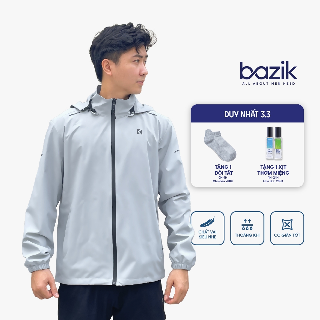 Áo Khoác Gió mũ nam BAZIK 3C Extra 2 lớp, lót lưới chống nước chất gió tráng bạc chống nắng, cản gió, ngăn tia UV