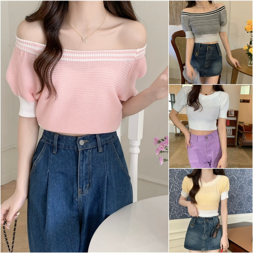 Áo trễ vai len tay bồng croptop nữ kiểu dáng ngắn ôm body bo tay bo gấu hàng dệt kim thời trang Quảng Châu cao cấp