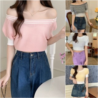  Áo trễ vai len tay bồng croptop nữ kiểu dáng ngắn ôm body bo tay bo gấu hàng dệt kim thời trang Quảng Châu cao cấp 