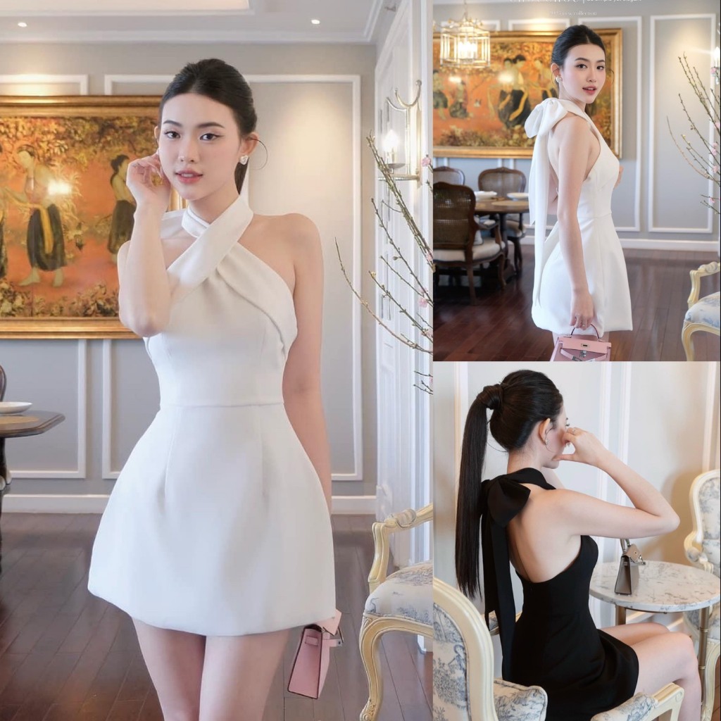 Đầm váy nữ xòe chữ A cổ yếm kết nơ với 2 tone màu sang chảnh cho các nàng diện đi chơi, dự tiệc siêu xinh