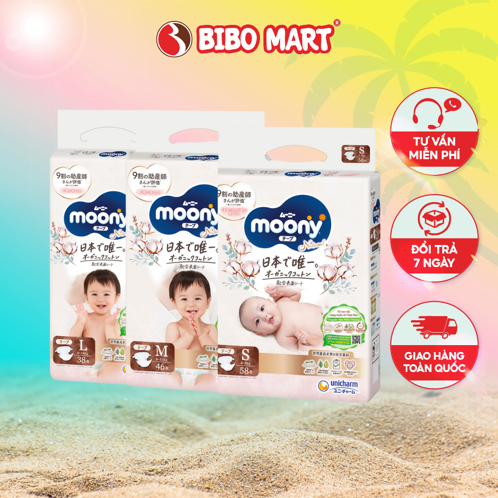 Bỉm Tã Dán/Quần Moony Natural Nhật Bản Phù Hợp Cho Da Nhạy Cảm Của Trẻ Chống Tràn S58/M46/L38/XL32 - Bibo Mart