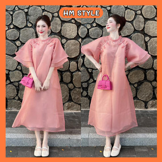 Váy voan cổ tàu tay bèo đính nơ, đầm du xuân dáng babydoll tiểu thư sang chảnh chất voan 2 lớp HV105