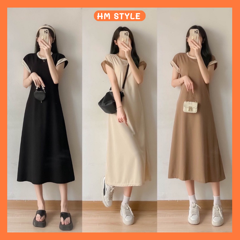Váy xuông dáng dài phối viền cổ, váy polo cổ tròn phối viền chất tổ ong siêu xinh HV445