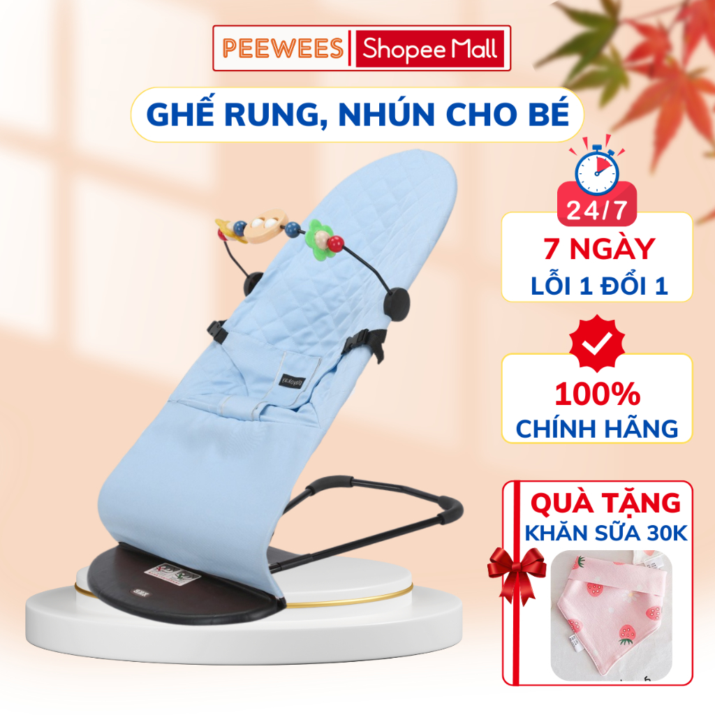 Ghế Nhún Rung Cao Cấp Cho Bé Sơ Sinh PEEWEES, Chống Võng Lưng, Chất Vải Cotton Thoáng Mát Giúp Bé Nằm Thoải Mái Dễ Chịu