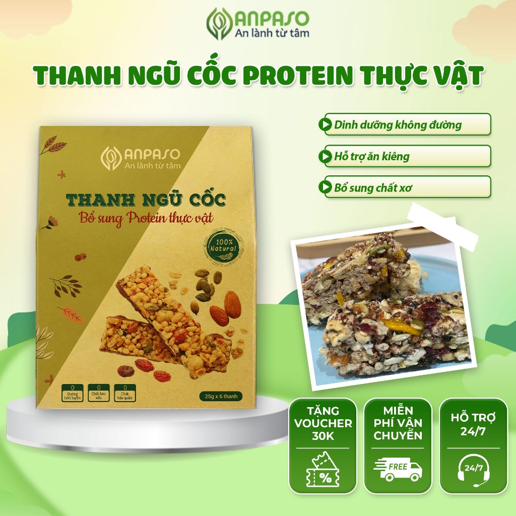 Thanh Ngũ Cốc Protein Thực Vật Giảm Cân Anpaso - Ngũ Cốc Dinh Dưỡng Ăn Kiêng Keto Eat Clean Ăn Chay Hộp 6 Thanh 150gram