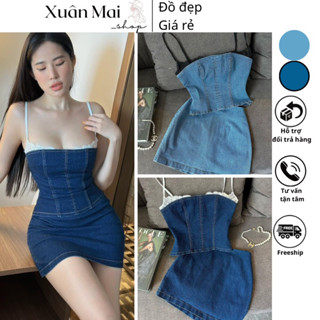 Set jeans denim 2 dây ren form corset chân váy chữ A hai màu xanh đậm xanh nhạt