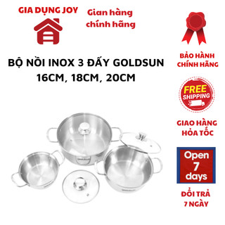 Bộ nồi inox 3 đáy Goldsun GPS1723 16cm 20cm 24cm vung kính cường lực dùng cho mọi loại bếp
