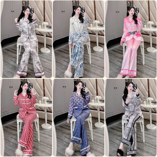  Đồ bộ Pyjama nữ Tay dài thiết kế in 5D 2 túi trước lụa xước Celina cao cấp